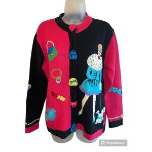 Storybook Knits Designer Poodle Embroidered Cardigan Sweater Size Large